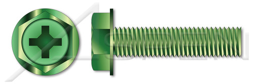 #10-32 X 3/8" Machine Screws, Grounding Screws, Hex Indented Washer Phillips Drive, Full Thread, Steel, Green Zinc