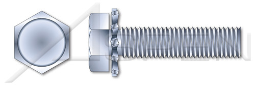 #10-24 X 3/8" SEMS External Tooth Washer Machine Screws, Indented Hex Head, Steel, Zinc Plated and Baked