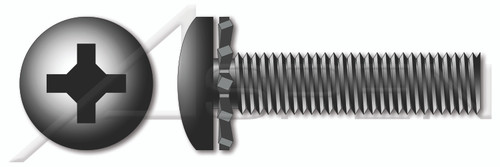 #10-24 X 1/2" SEMS External Tooth Washer Machine Screws, Pan Phillips Drive, Steel, Black Zinc