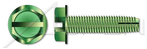 #8-32 X 1/2" Grounding Screws, Thread-Cutting Screws, Type "1", Hex Slotted Indented Washer Head, Steel, Green Zinc and Baked