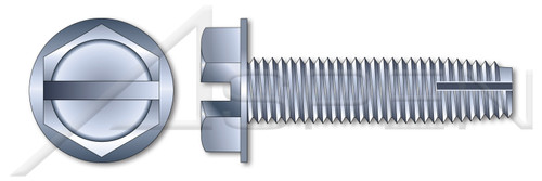 #10-32 X 1" Thread-Cutting Screws, Type "1", Hex Slotted Indented Washer Head, Steel, Zinc Plated and Baked