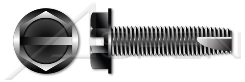 #10-32 X 1/2" Thread-Cutting Screws, Type "23", Hex Slotted Indented Washer Head, Steel, Black Oxide