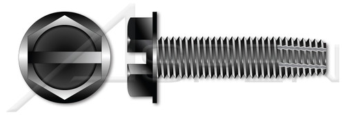 #10-32 X 3/8" Thread-Cutting Screws, Type "F", Hex Slotted Indented Washer Head, Steel, Black Oxide