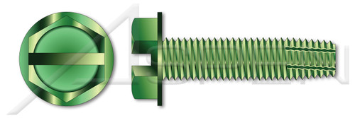 #10-32 X 3/4" Grounding Screws, Thread-Cutting Screws, Type "F", Hex Slotted Indented Washer Head, Steel, Green Zinc