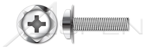 #10-32 X 3/8" Square Cone SEMS Washer Machine Screws, Pan Phillips Drive, Stainless Steel, Washer Material 410 Stainless Steel