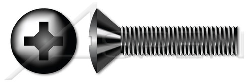 1/4"-20 X 2" Machine Screws, Oval Phillips Drive, 82 Degree Countersink, Full Thread, Steel, Black Oxide
