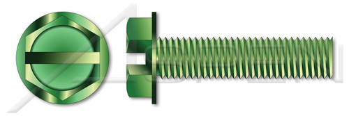 #10-24 X 5/16" Machine Screws, Grounding Screws, Hex Indented Washer, Slotted, Full Thread, Steel, Green Zinc