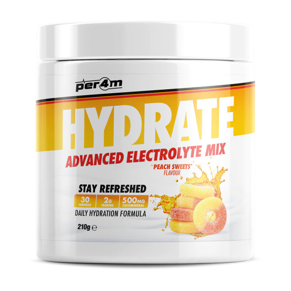 Per4m Hydrate is a refreshing advanced electrolyte mix, designed to replenish essential electrolytes that have been lost through sweat, ensuring optimal hydration levels throughout the day. 

Hydrate has been formulated to the highest standard, containing 500mg Cocomineral, a powdered coconut water extract containing key electrolytes, as well as 2g of Taurine, aiding muscle function, cardiovascular health, and neurological support. 

The easy to prepare powder is made by simply mixing with water to ensure you Per4m Better during exercise and throughout daily activities.