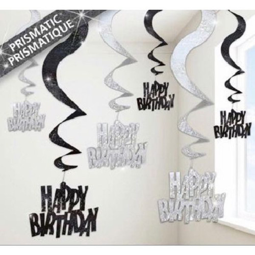 Happy Birthday Black Glitz Hanging Swirls Decoration