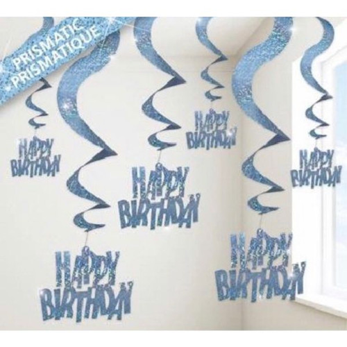 Happy Birthday Blue Glitz Hanging Swirls Decoration