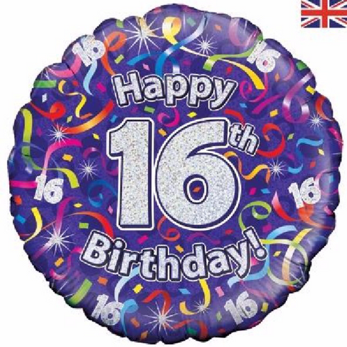 16th Birthday Holographic Streamers 18 Inch Foil Balloon