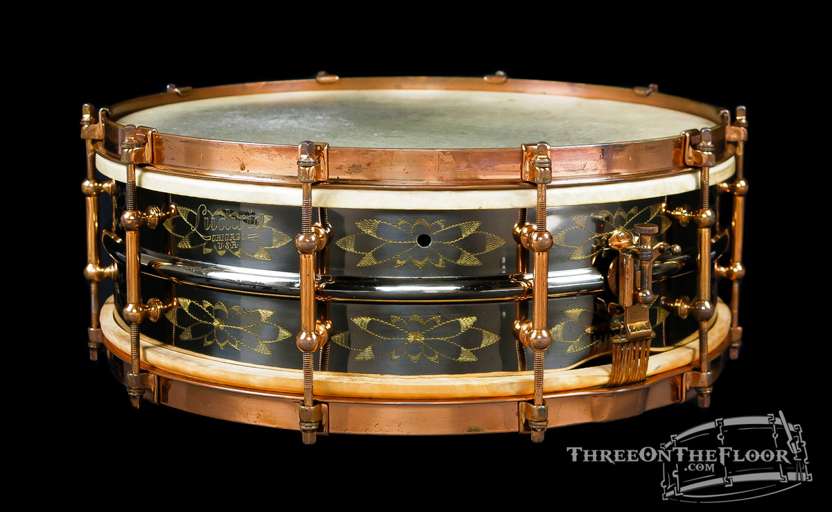 1920s Ludwig DeLuxe Black Beauty 'Floral 12-Point' Engraved Snare Drum :  5 x 14
