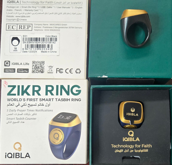 Zikr Counter Ring Tasbeeeh  Size 18mm Rechargeable ( 5 Prayer time reminders )