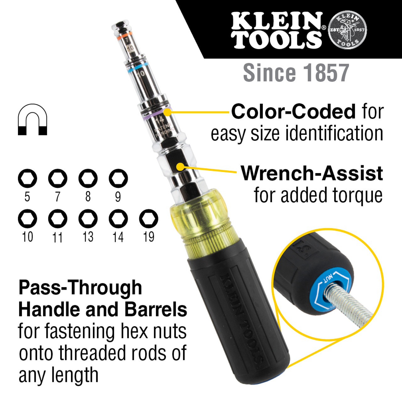 11-in-1 Pass Through Magnetic Multi-Nut Driver, Metric - Klein