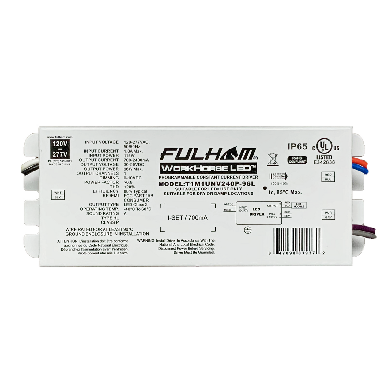 Programamble Constant Current LED Driver - 700-2400mA - - 96 Watt Fulham T1M1UNV240P-96L |