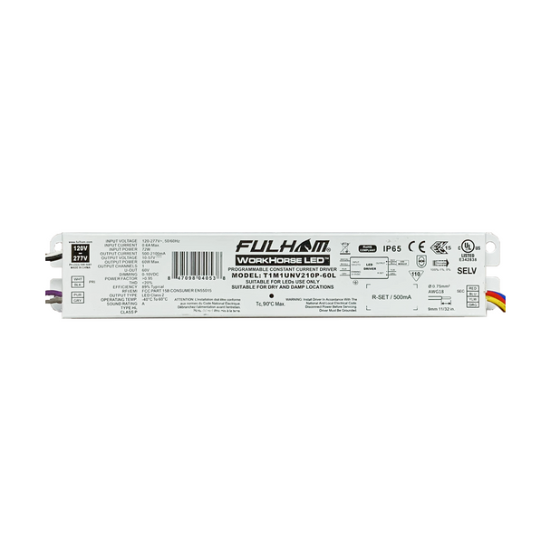 Fulham Dimmable Constant Current LED Driver | 500-2100mA Output - 10-57VDC Output - 120-277VAC Input - 60 Watt Max. Output