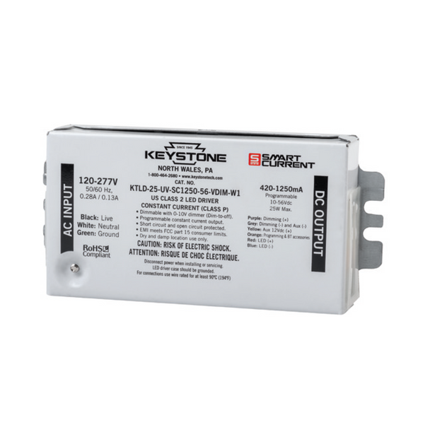 Keystone Programmable LED Driver Dimmable Constant Current | 420-1250mA Output - 10-57VDC Output - 120-277VAC Input - 25 Watt Max. Output