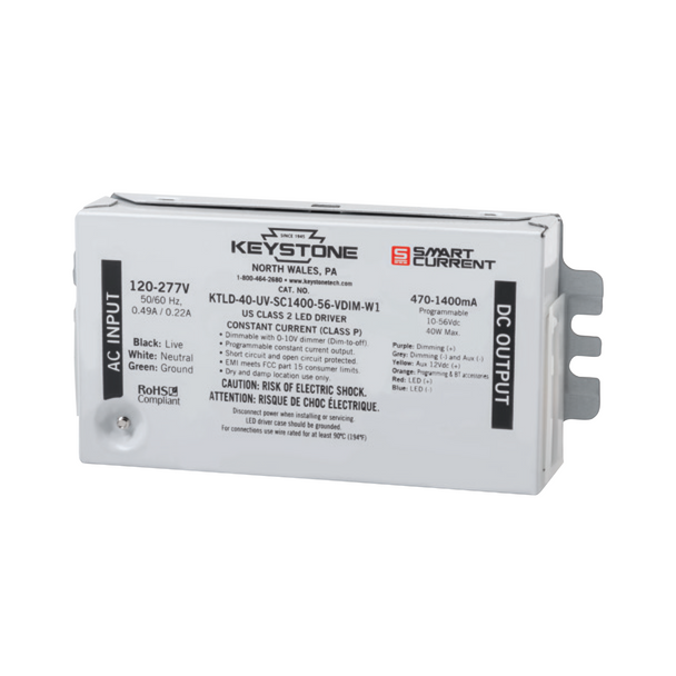 Keystone Programmable LED Driver Dimmable Constant Current | 40-1400mA Output - 10-57VDC Output - 120-277VAC Input - 40 Watt Max. Output