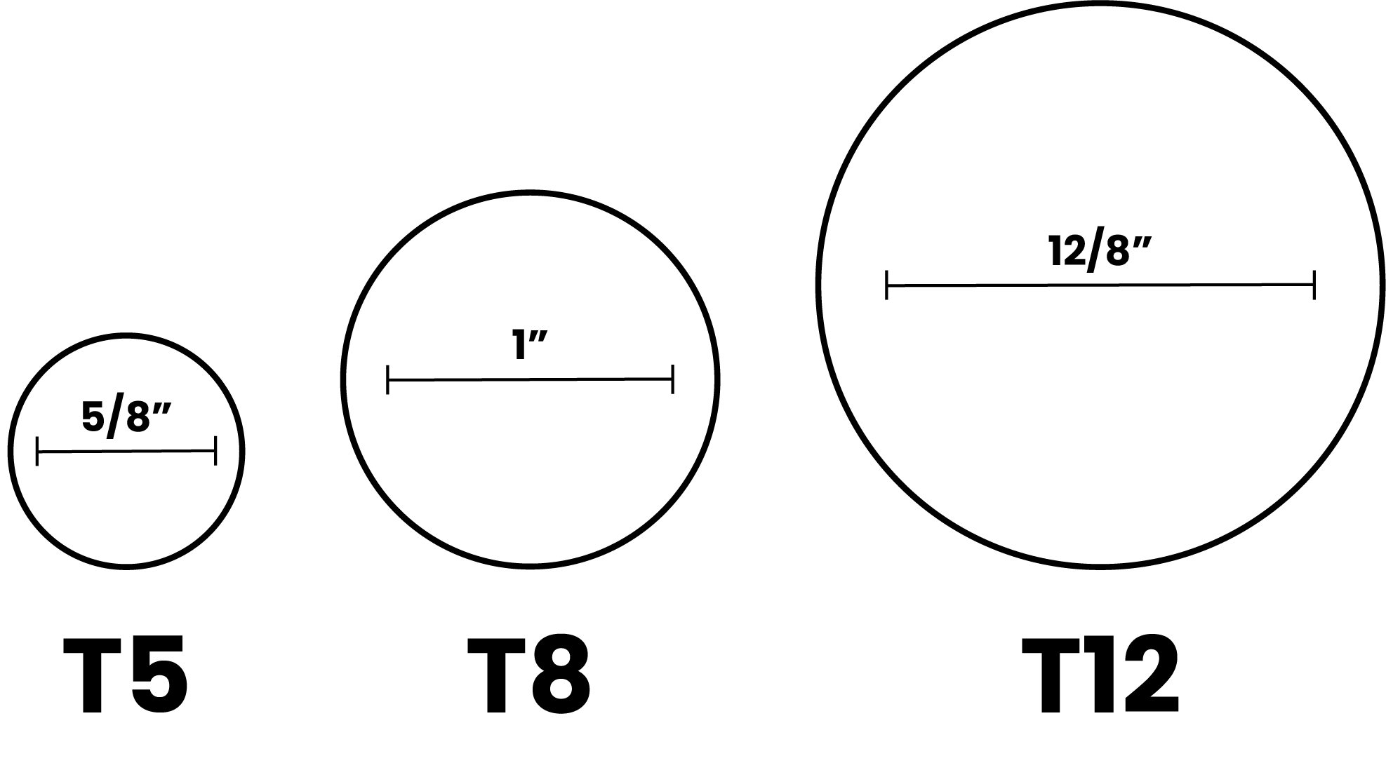 Sizes of different fluorescent tube lights.