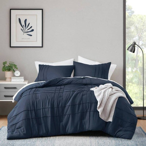 Full/Queen Microfiber Pleated Bohemian style Pre-Washed Comforter Set in Navy Q280-NVYFG9596
