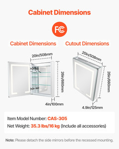Lighted Medicine Cabinet with Mirror, 20 x 26 in Recessed or Wall Mount, 3 Color Dimmable LED Bathr E415-LEDJXJJ2026IOHNTO001V1