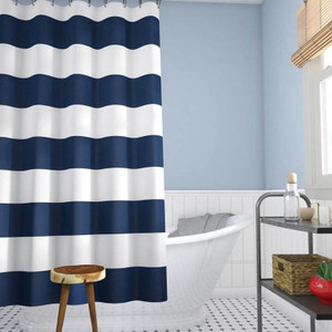 72 x 70 inch Polyester Navy Blue White Nautical Ocean Striped Shower Curtain Q280-NWSC1982