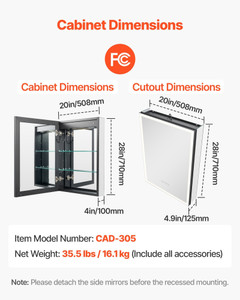 Lighted Medicine Cabinet with Mirror, 20 x 28 in Recessed or Wall Mount, 3 Color Dimmable LED Bathr E415-LEDJXJJ2028I5DEVE001V1