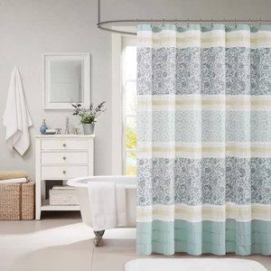 72 x 72-in Cotton Shower Curtain with Teal Blue Grey Cream White Paisley Pattern Q280-BLVCSP2699145283
