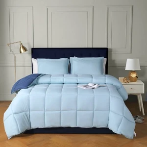 Twin/Twin XL Traditional Microfiber Reversible 3 Piece Comforter Set in Blue/Navy Q280-BLNA3761