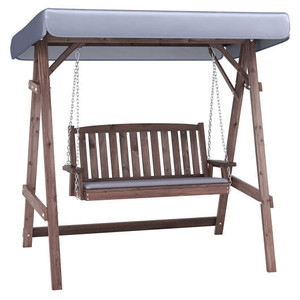 2-Person Porch Swing with Fir Wood Stand and Tilt Canopy-Brown B593-GT4243+