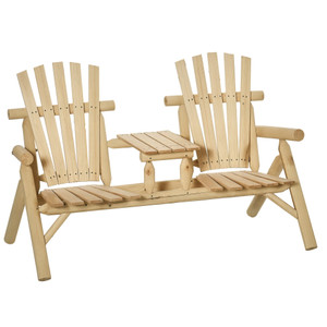 2-Seat Wooden Adirondack Chair, Patio Bench with Table, Outdoor Loveseat Fire Pit Chair for Porch,  P295-84B-398ND