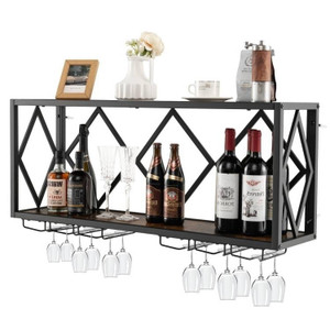 Industrial Rustic Brown Wood Metal Wall Mounted Wine Rack Shelf Q280-XLLACO98563