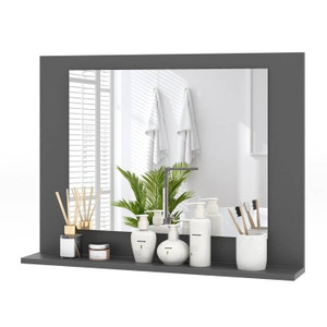 Rectangular 23 x 17 inch Bathroom Mirror with Storage Shelf in Grey Wood Finish Q280-GRBWMS4952873