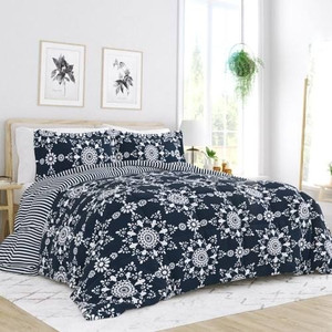 Twin size 3-Piece Navy Blue White Reversible Floral Striped Comforter Set Q280-TWNV4299