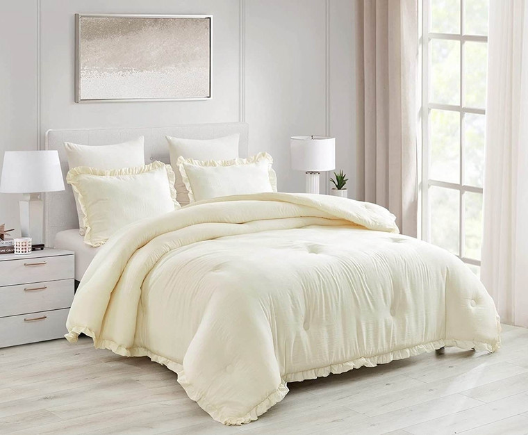 Full Size Ivory Microfiber 3-Piece Comforter Set with Ruffled Edge Trim Q280-IVFU5699