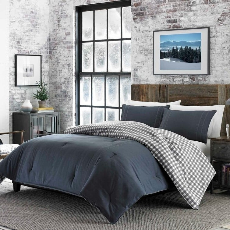 Full/Queen size 100% Cotton Reverse Plaid Gray/White Comforter Set Q280-EDQU1355
