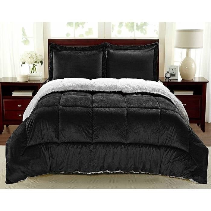 Full Size 3 Piece Ultra Soft Sherpa Wrinkle Resistant Comforter Set in Black Q280-GFUL3599