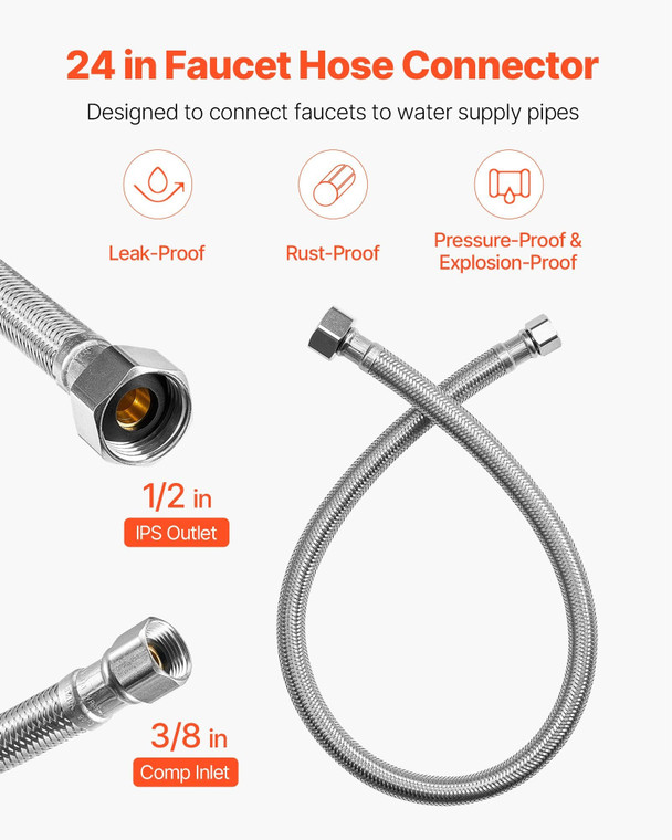 Faucet Hose Connector, 24-Inch Length, 3/8 Inch Comp x 1/2 Inch FIP 2-Pack Braided Stainless Steel  E415-SLTLJQ24YC2JIFF9C001V0