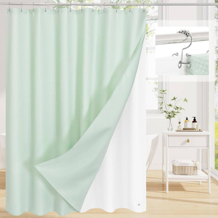 72"W x 72"H Mint Green Waffle Textured Shower Curtain Set with Liner Q280-MNGR1972