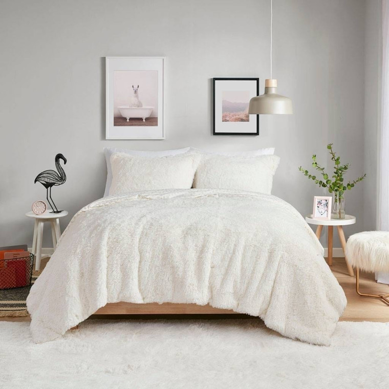 Full/Queen size Reversible Soft Sherpa Faux Fur 3-Piece Comforter Set in Ivory Q280-FLQNSFCS6928371