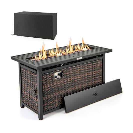 45 Inch Propane Rattan Firepit Table with Glass Stones and Protective Cover-Mixed Brown - Color: Br D681-NP11847BN