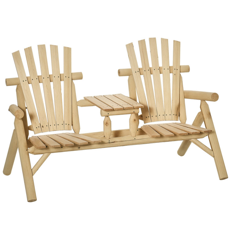 2-Seat Wooden Adirondack Chair, Patio Bench with Table, Outdoor Loveseat Fire Pit Chair for Porch,  P295-84B-398ND