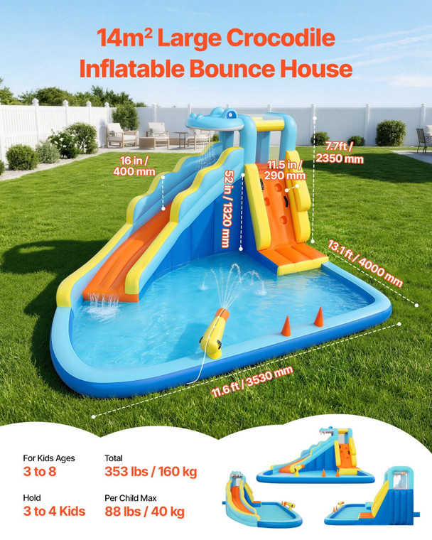 Inflatable Bounce House, 11.6 x 13.1 x 7.7 ft Inflatable Bounce House Water Slide, Bouncer Castle w E415-CQCBKWSLXSCGQ3BC4001V1