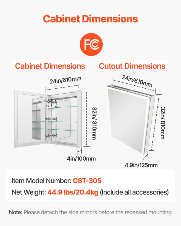 Lighted Medicine Cabinet with Mirror, 24 x 32 in Recessed or Wall Mount, 3 Color Dimmable LED Bathr E415-LEDJXJJ2432IJR2XO001V1
