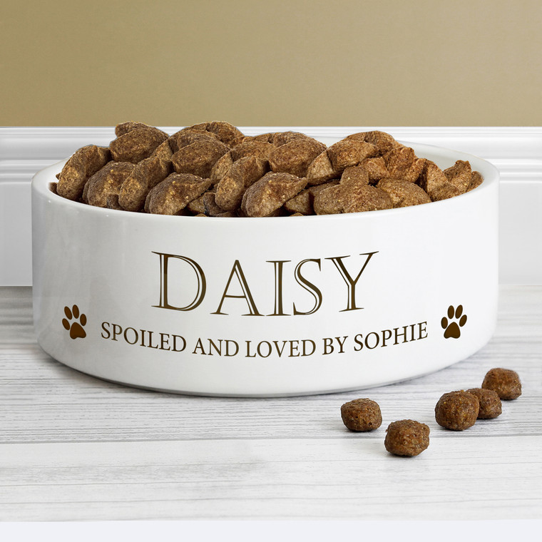 Personalised Ceramic Dog Bowl Paws Name and Message 14cm
