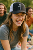 Christian Hat 3 Nail Cross Center Flocked Heat Pressed Flat Bill Hat - Black Twill Snap Back Adjustable Cap