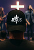 Christian Hat 3 Nail Cross Center Flocked Heat Pressed Black on White Curved Bill Hat - Mesh Trucker Snap Back Cap