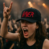 woman at concert singing with Mari kyrios slayer thrash hat