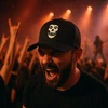 man at concert singing with Mari kyrios misfits skull hat