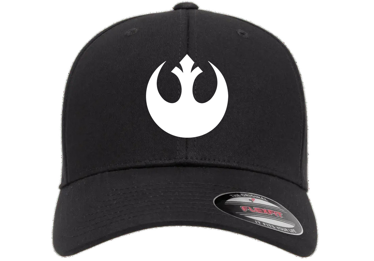 Star Force Rebel White Heat Pressed Black Curved Bill Hat - Adult Flexfit Stretch Cap